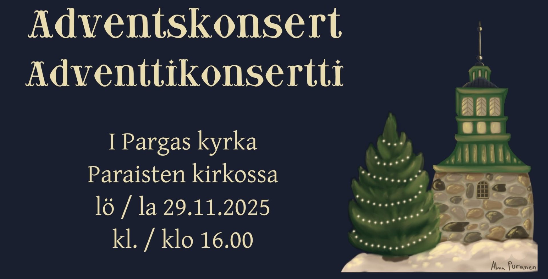 Tecknad bild av Pargas kyrka med julgran utanför. På bilden information om konserten